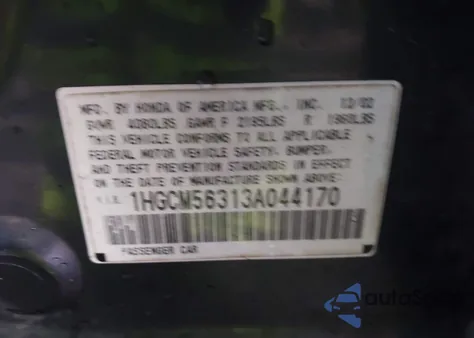 2003 Honda Accord 2.4 Lx from USA, damaged, VIN 1HGCM56313AO44170